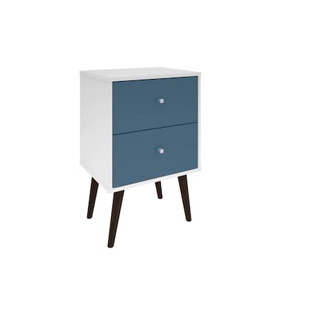 Designed To Furnish Liberty Mid Century-Modern Nightstand 2 w/Solid Wood Leg 2 Full Extension Drawers, Wht & Aqua Blue DE2543546